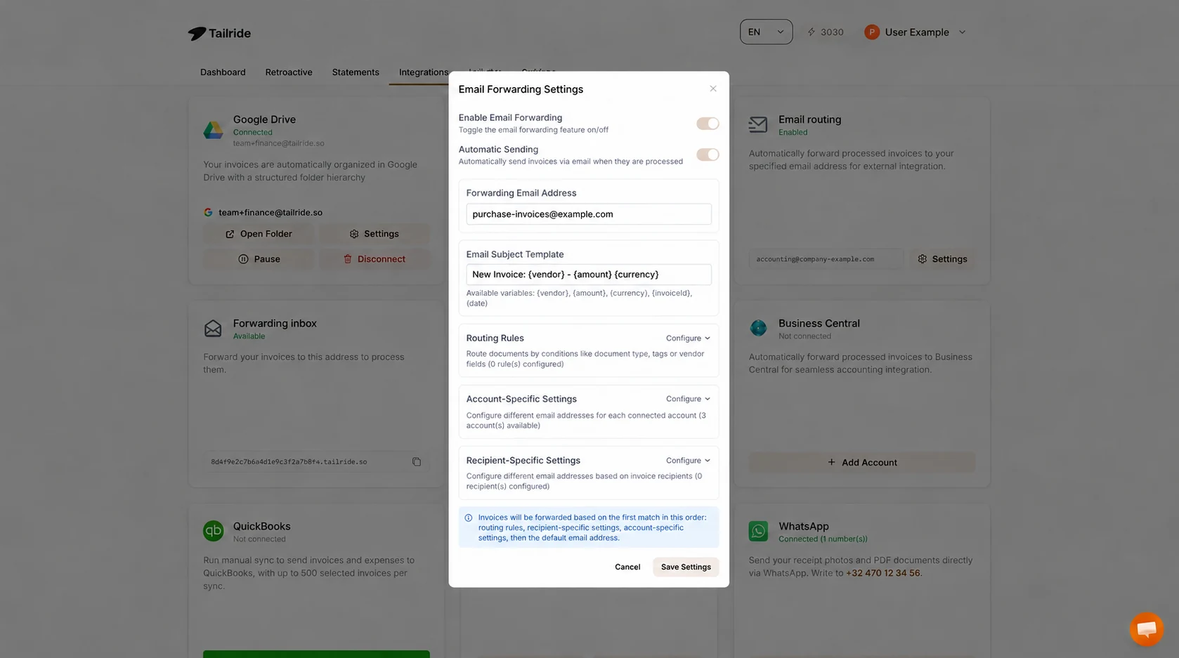 Illustrative Tailride Email Routing settings with automatic sending and a fictional Cloud Demat purchase-invoice address