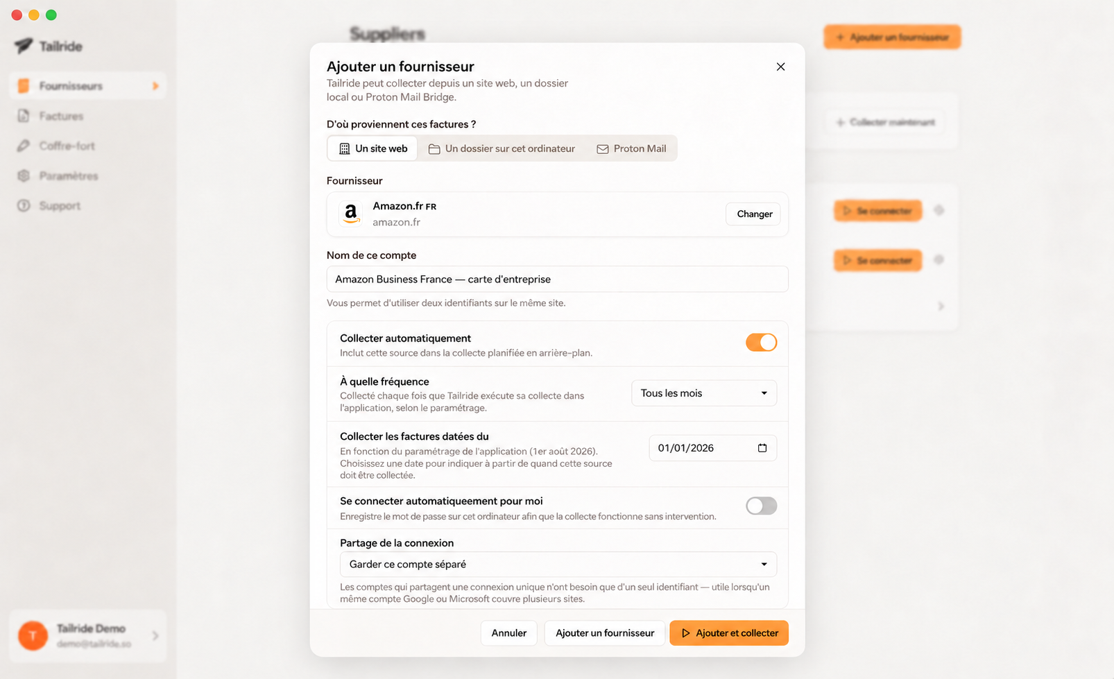 Programmation de la collecte automatique des factures Amazon Business sur l'application de bureau Tailride