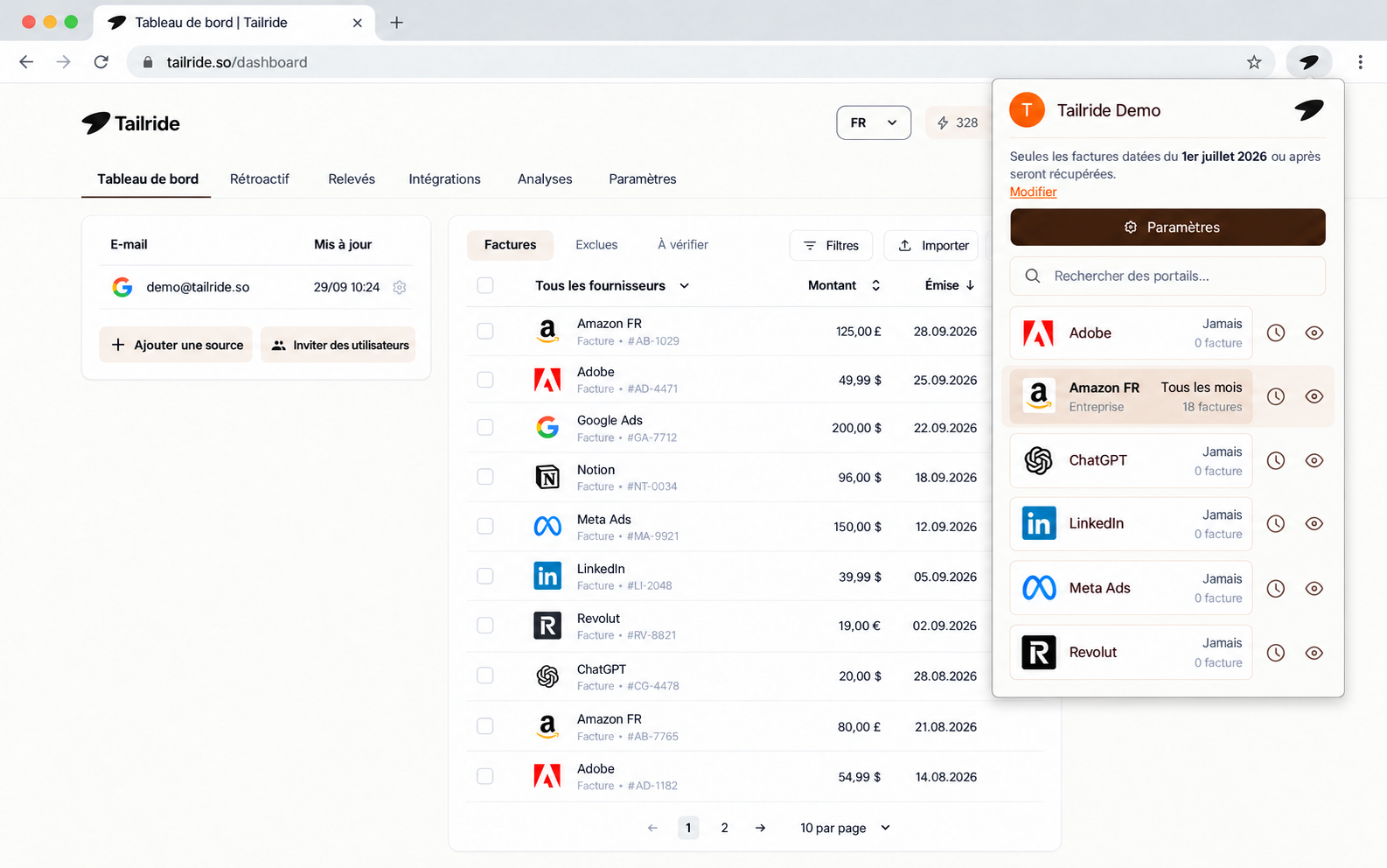 Extension de navigateur Tailride configurée pour la récupération automatique des factures Amazon Business