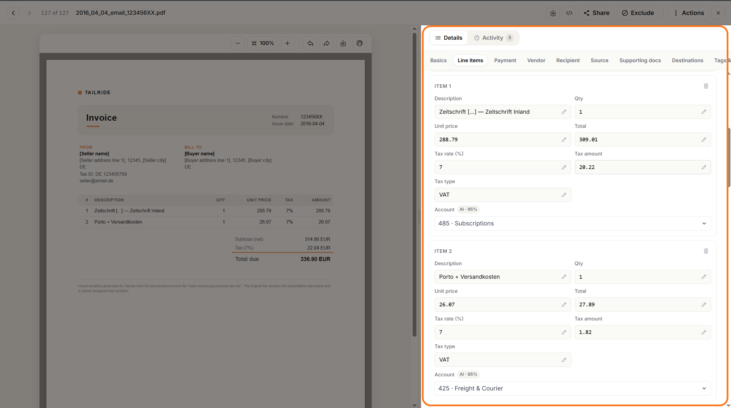 Tailride XRechnung line-items panel highlighted, showing two descriptions, quantities, unit prices, VAT amounts, gross totals and suggested bookkeeping accounts