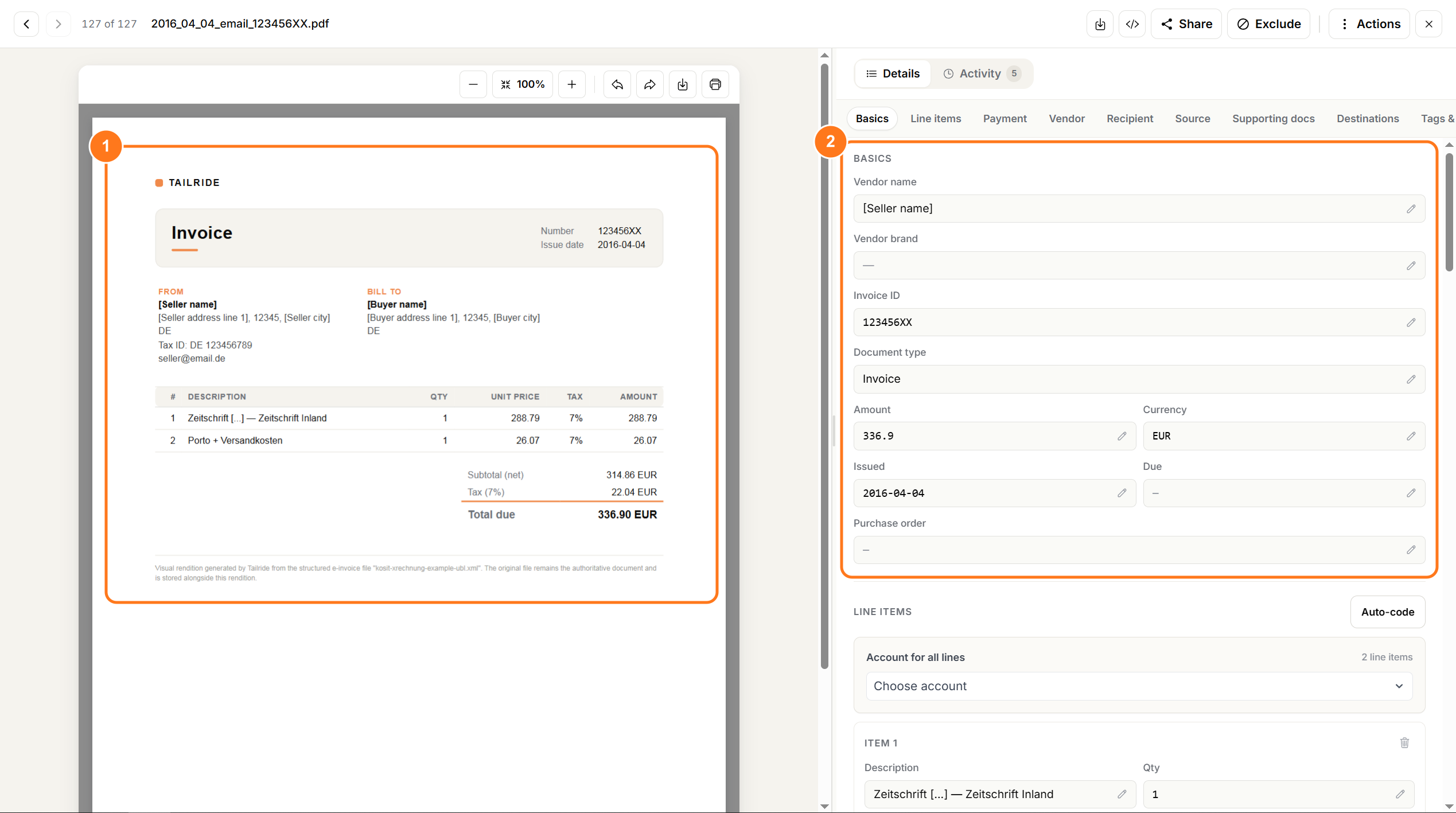 KoSIT XRechnung UBL example in Tailride: (1) readable PDF representation created from XML and (2) extracted invoice fields in the Basics panel
